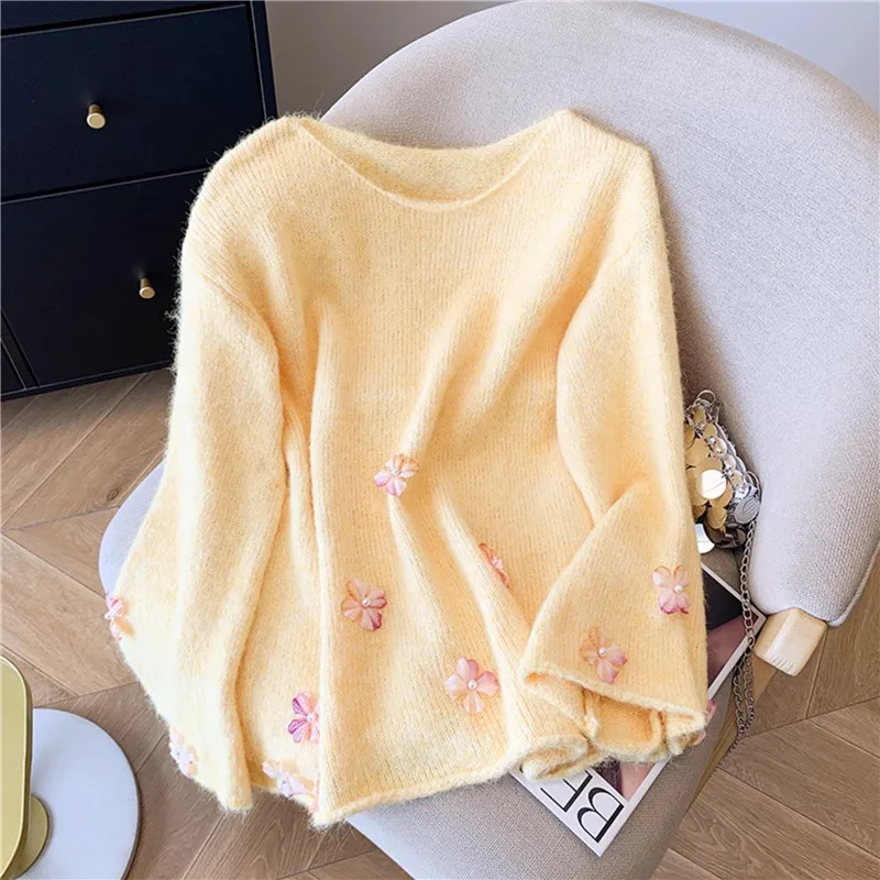 

Fashion Flower Knitted Pullover Sweater Tops Korean Loose Round Neck Long Sleeve Autumn Female Knitwear Pink Yellow Purple Gray