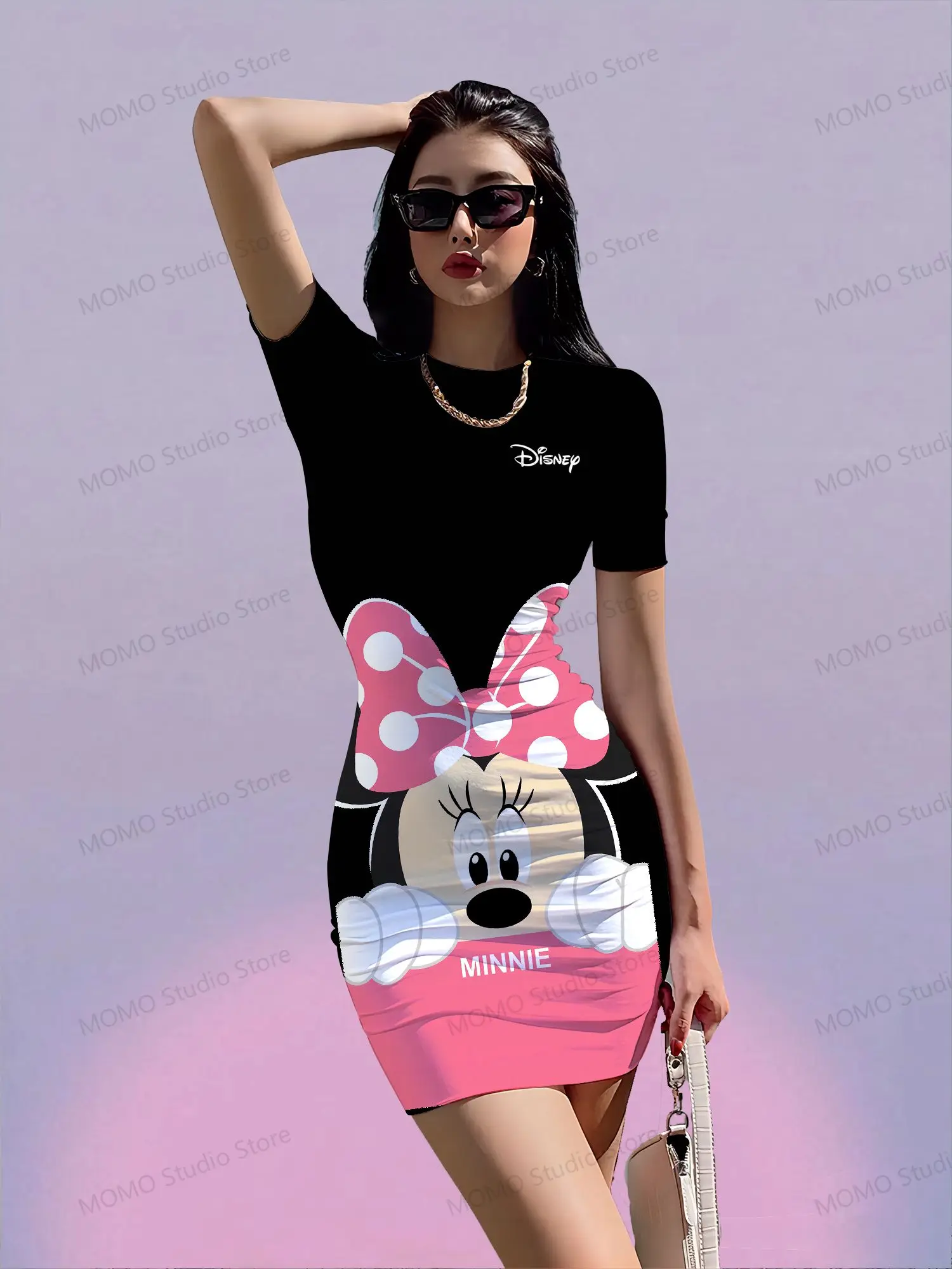 

Disney Mickey Mouse Women's Short Sleeve Hip Dress Kawaii Sexy Dresses S-3XL Y2k Summer O Neck 2024 Fashion New Elegant Ladies