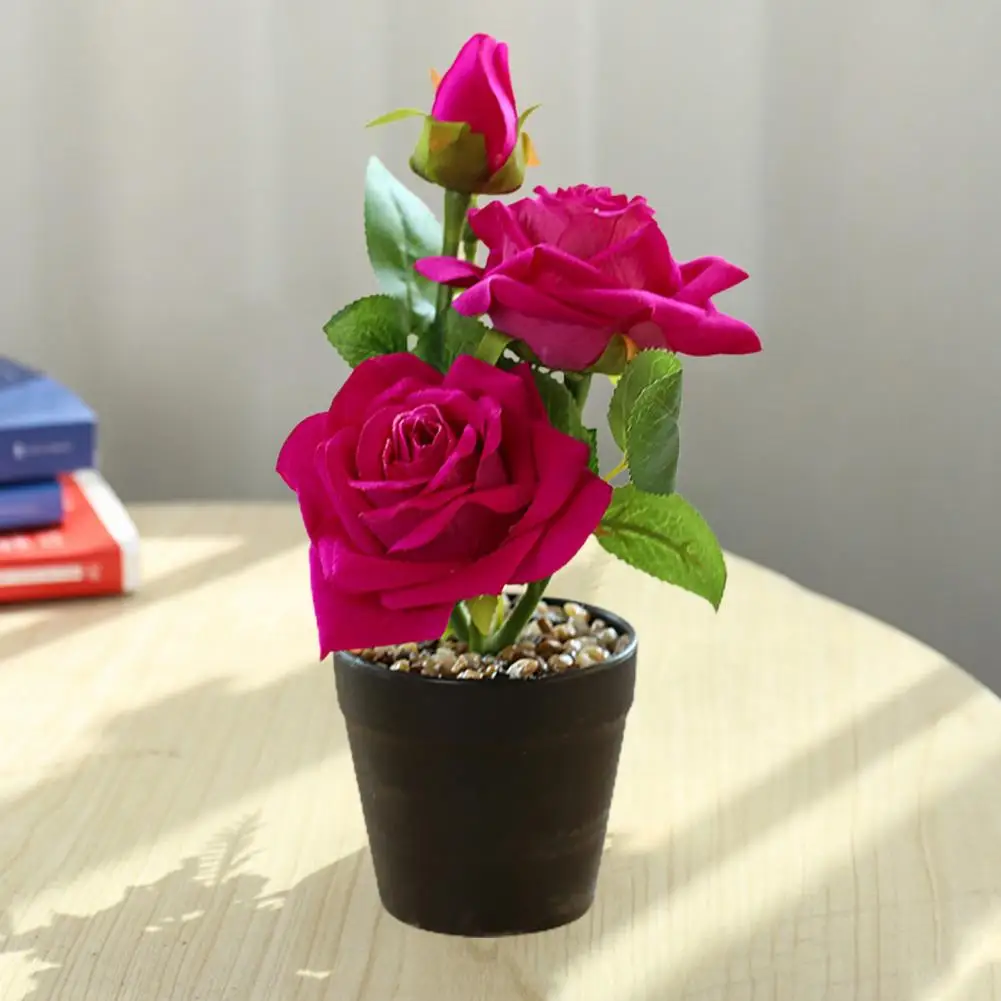 Chic Artificial Bonsai No-watering Ornamental Weather-resistant Decorative Potted Wedding Fake Rose Flower