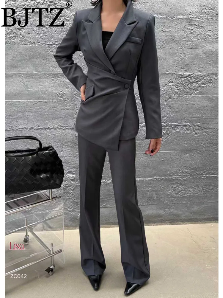 

BJTZ Office Lady Pleated Blazer Jacket For Woman 2025 Spring Autumn New Solid Color Wide Leg Pants Fashion Female 2 Piece Set