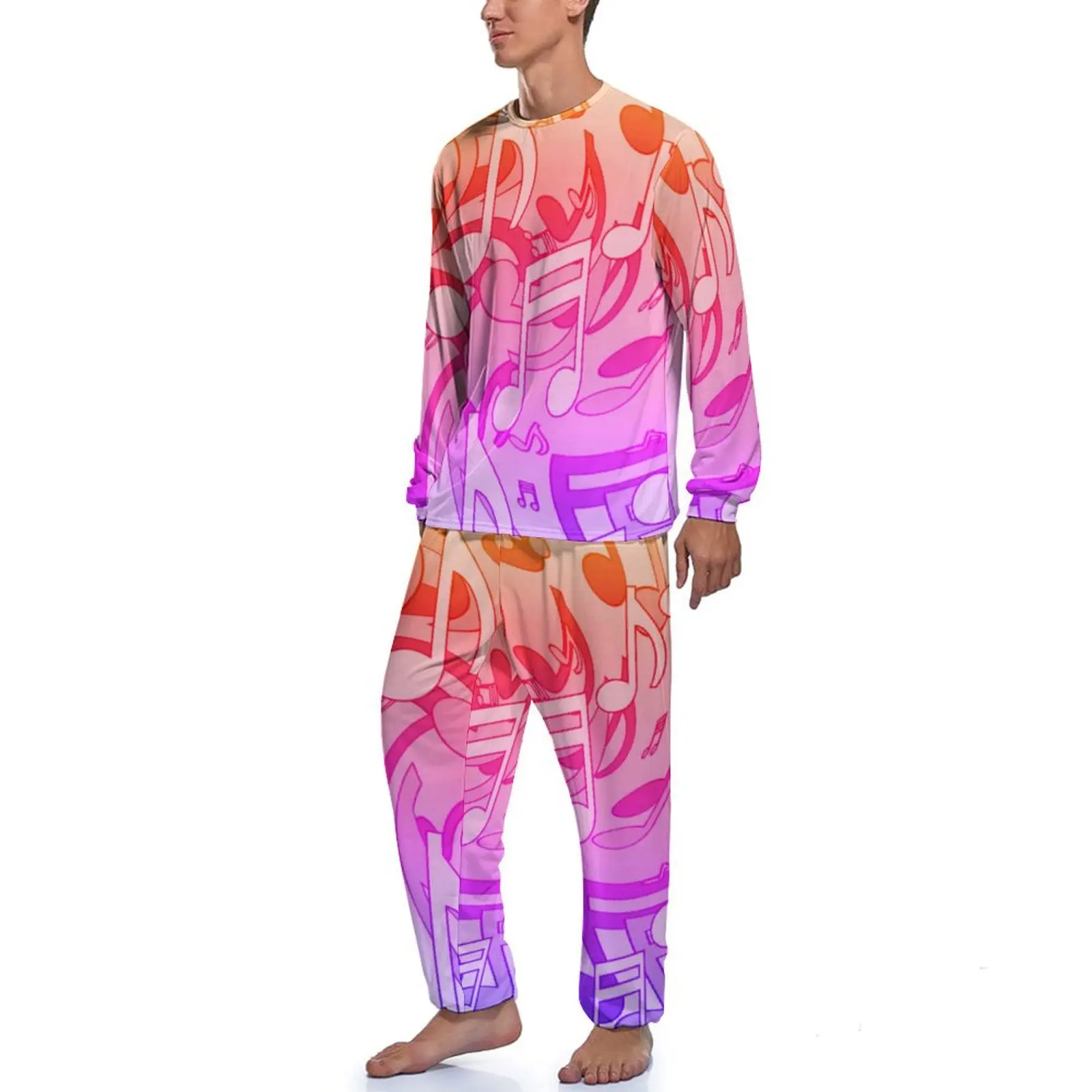 Color Music Notes Pajamas Man Ombre Print Lovely Sleepwear Daily Long Sleeve 2 Pieces Room Printed Pajamas Set