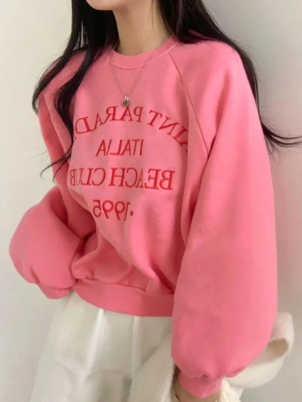 Korean Series Chic Autumn and Winter Tender Pink Letter Embroidery Fleece-lined Thickened round Neck Hoodie Women