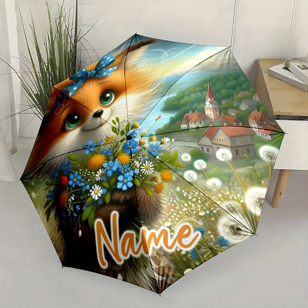 Custom Name Whimsical Umbrella with Fox Floral Village Design Print 8 Iron Ribs Folding Umbrella Auto-Open Fashion Sunshade