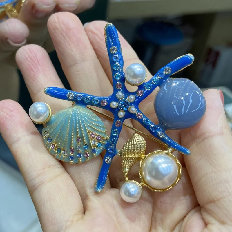 Korean Style Creative Dripping Enamel Starfish Shell Brooch Fashion Marine Life Pin Pearl Corsage Coat Accessories