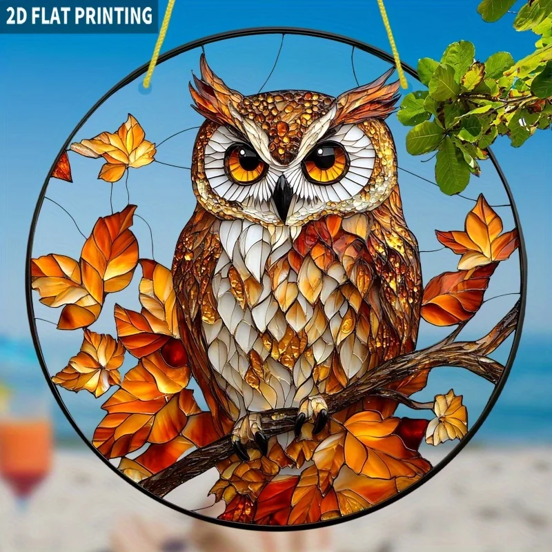 2D Flat, 1pc Autumn Owl Sun Catcher - 19.99x19.99 cm Round Acrylic Window Hanging Decor with Vibrant Fall Foliage Design, Warm &