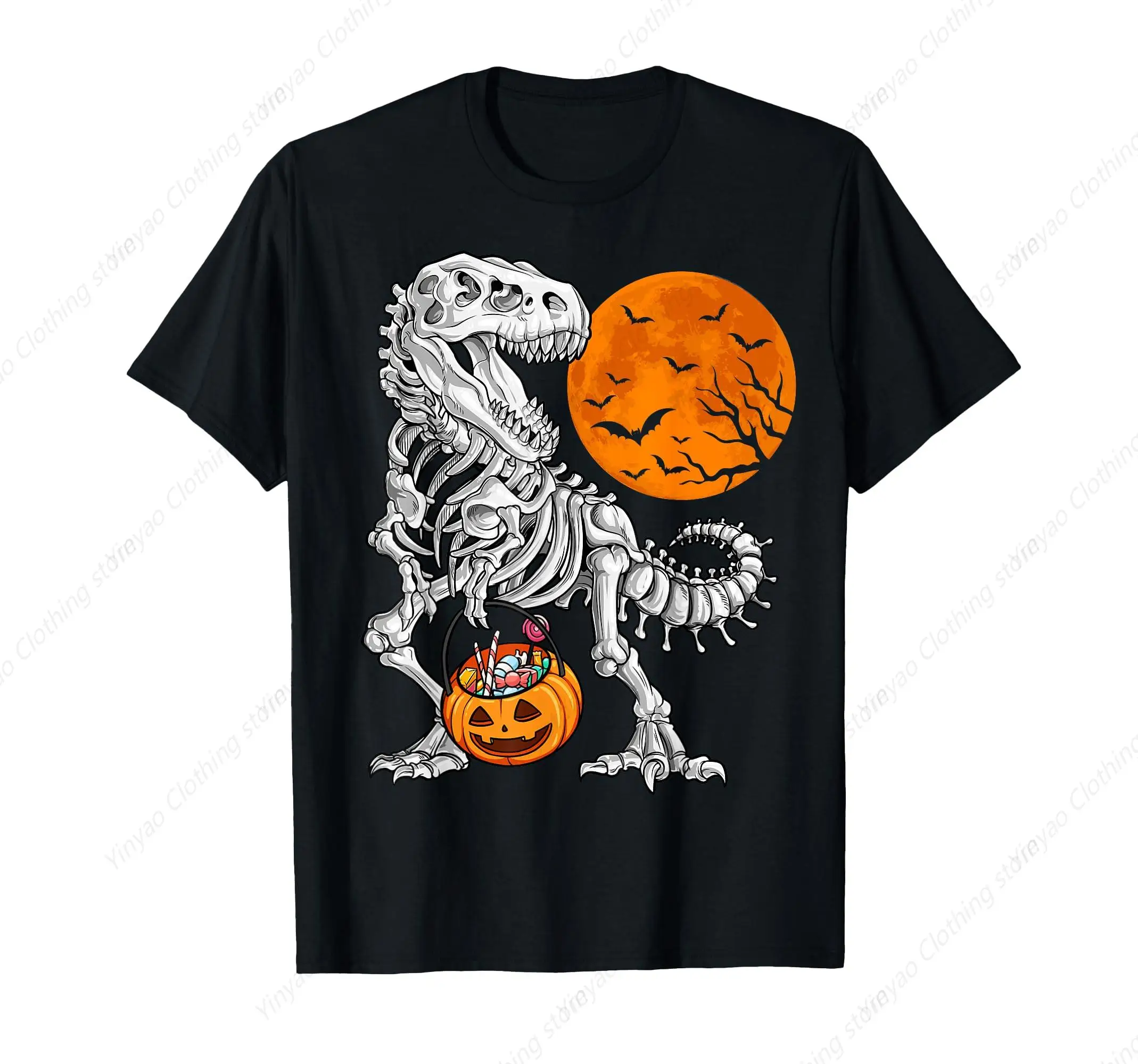 Halloween boy dinosaur skeleton Tyrannosaurus rex pumpkin moon men's and women's T-shirts cotton men's clothing