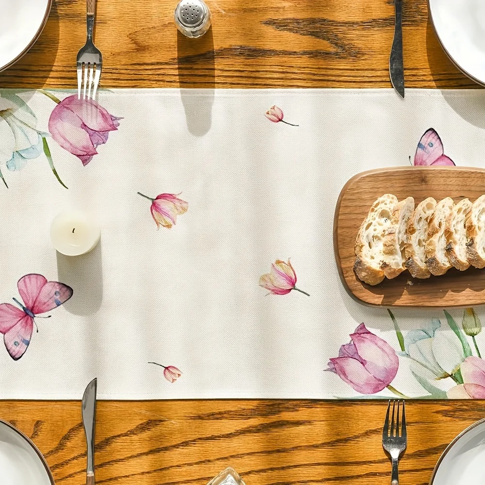Table Runner Table Decoration For Mom Best Mom Ever Single Sided 2D Print Floral Pattern Pink Tulips Butterflies Home Decor Gift