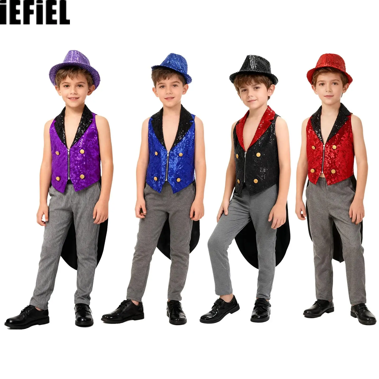 

Kids Sequins Medieval Vest Victorian Tailcoat Lapel V Neck Front Zip Vest with Solid Color Sequins Fedora Hat for Jazz Cosplay