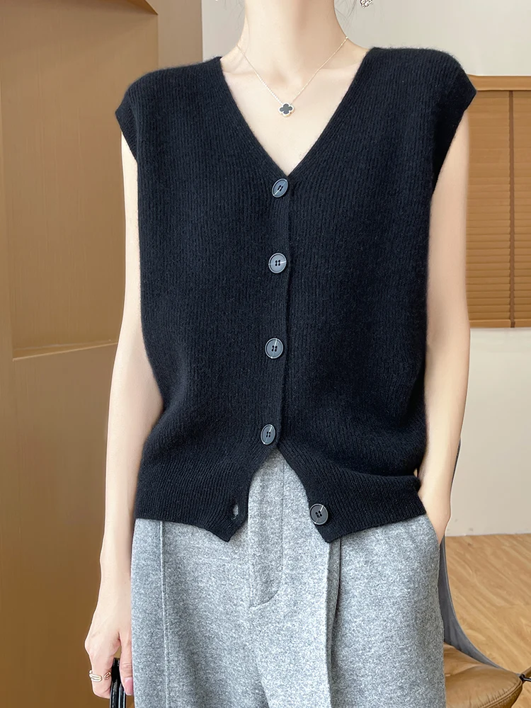 New Chic Women 100% Merino Wool Waistcoat Sweater Autumn Winter Sleeveless Buttoned Cardigan Office Lady Style Cashmere Knitwear