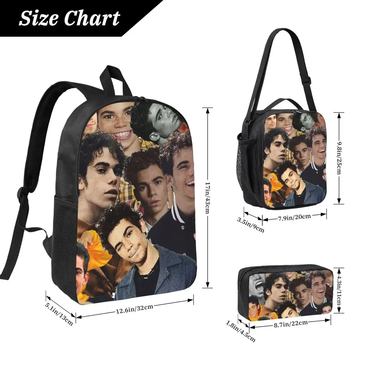 Cameron Boyce Collage Design Backpack Student Boys Girls BookBag School Bag Shoulder Bags 3ps Insulated Lunch Bag Pencil Case