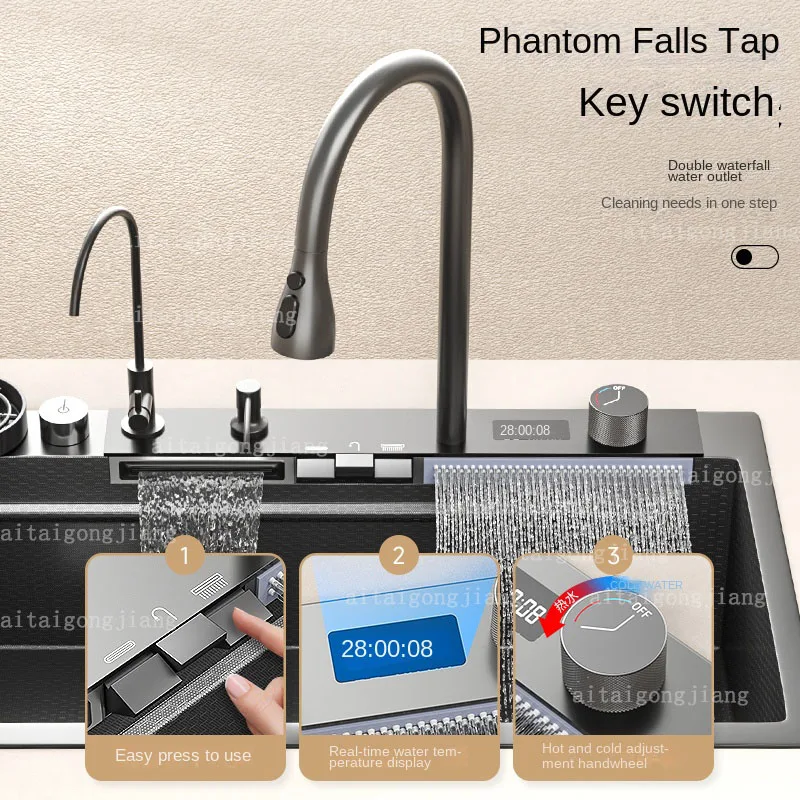 304 Stainless Steel Left Kitchen Sink Digital Display Honeycomb Embossing Single Bowl Soap Dispenser Kithen Sink