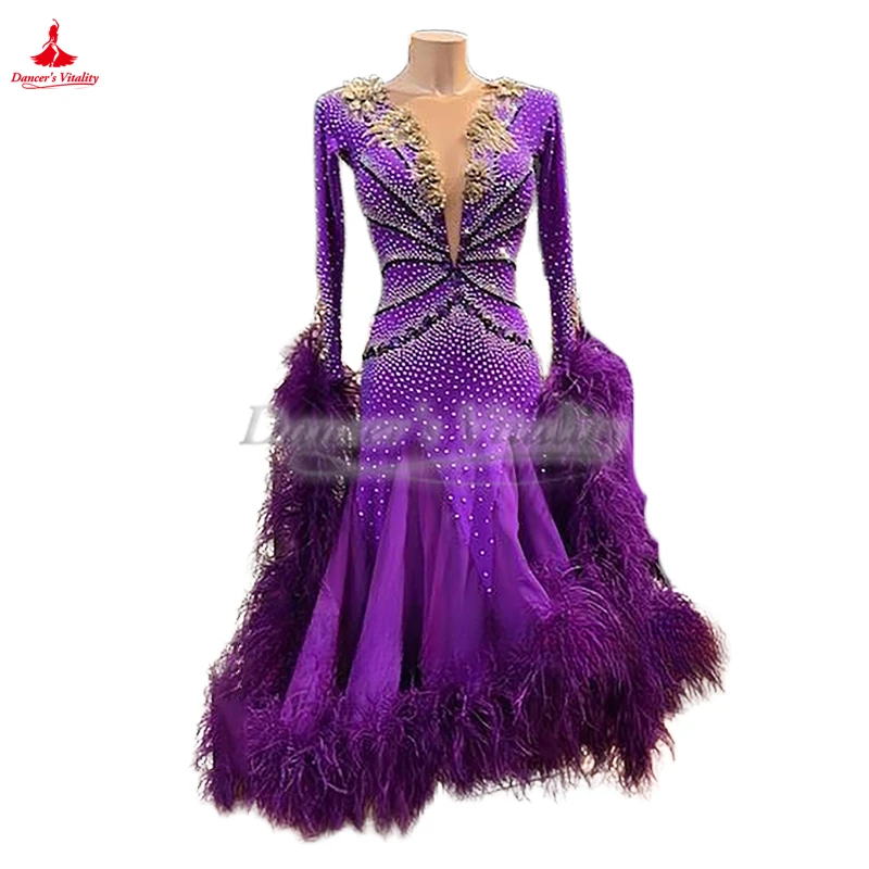 

The New Style Luxurious Social Dance Long Sleeves Ostrich Feather Dresses Adult Waltz Foxtrot Tango Competition Clothe Customize