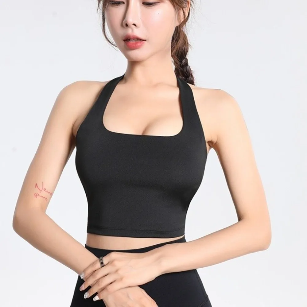 

Elegant Design Hanging Neck Strap Sports Bra Pleated Back Adjustable Strap Backless Sportswear Comfortable Earthquake-proof