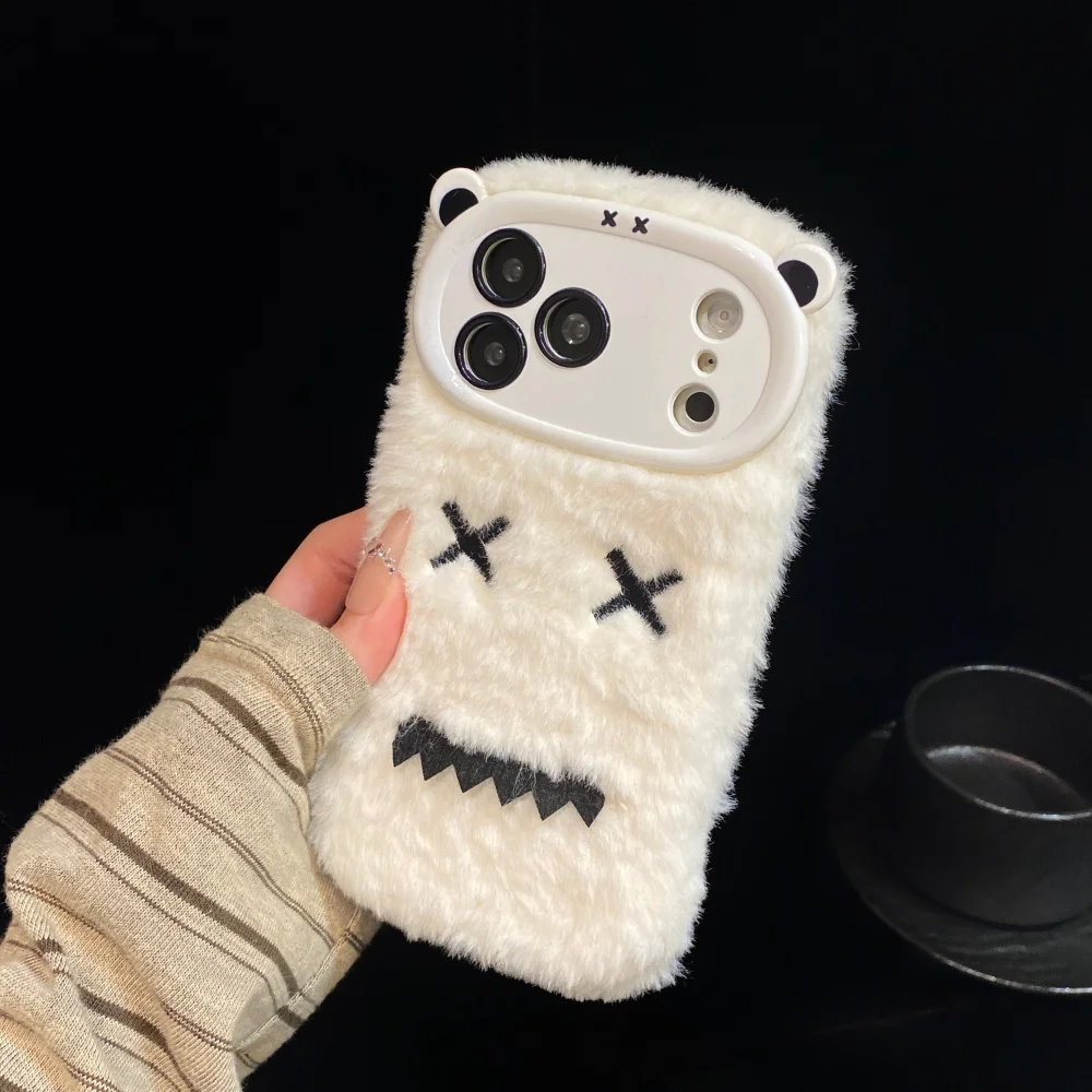 Cute Monster Bear Fluffy Plush Phone Case For iPhone 18 17 15 14 13 11 16 Pro Max Winter Warm Furry Shockproof Protective Cover