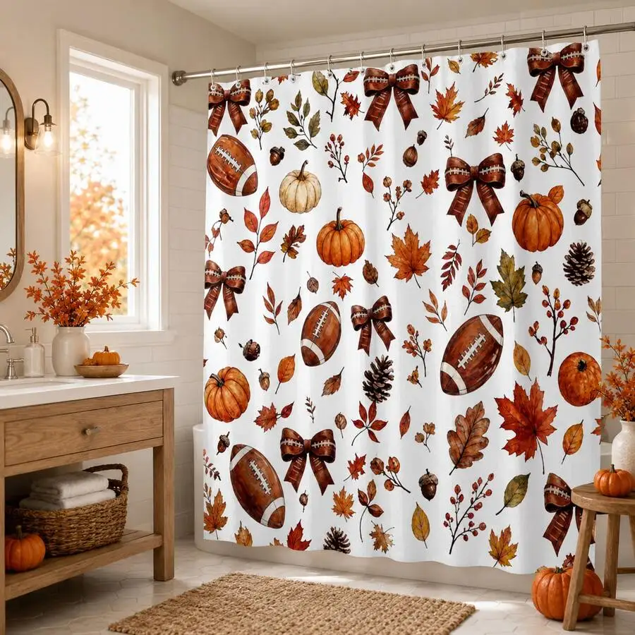 Autumn Pumpkin Football Shower Curtain, Shower Curtains For Bathroom, 2D Printing, Halloween Decor, Fall Bathroom Decor, Fall Home Decor, Maple Leaf Bow Acorn Seasonal Bathroom Accessories, Thanksgiving Gifts