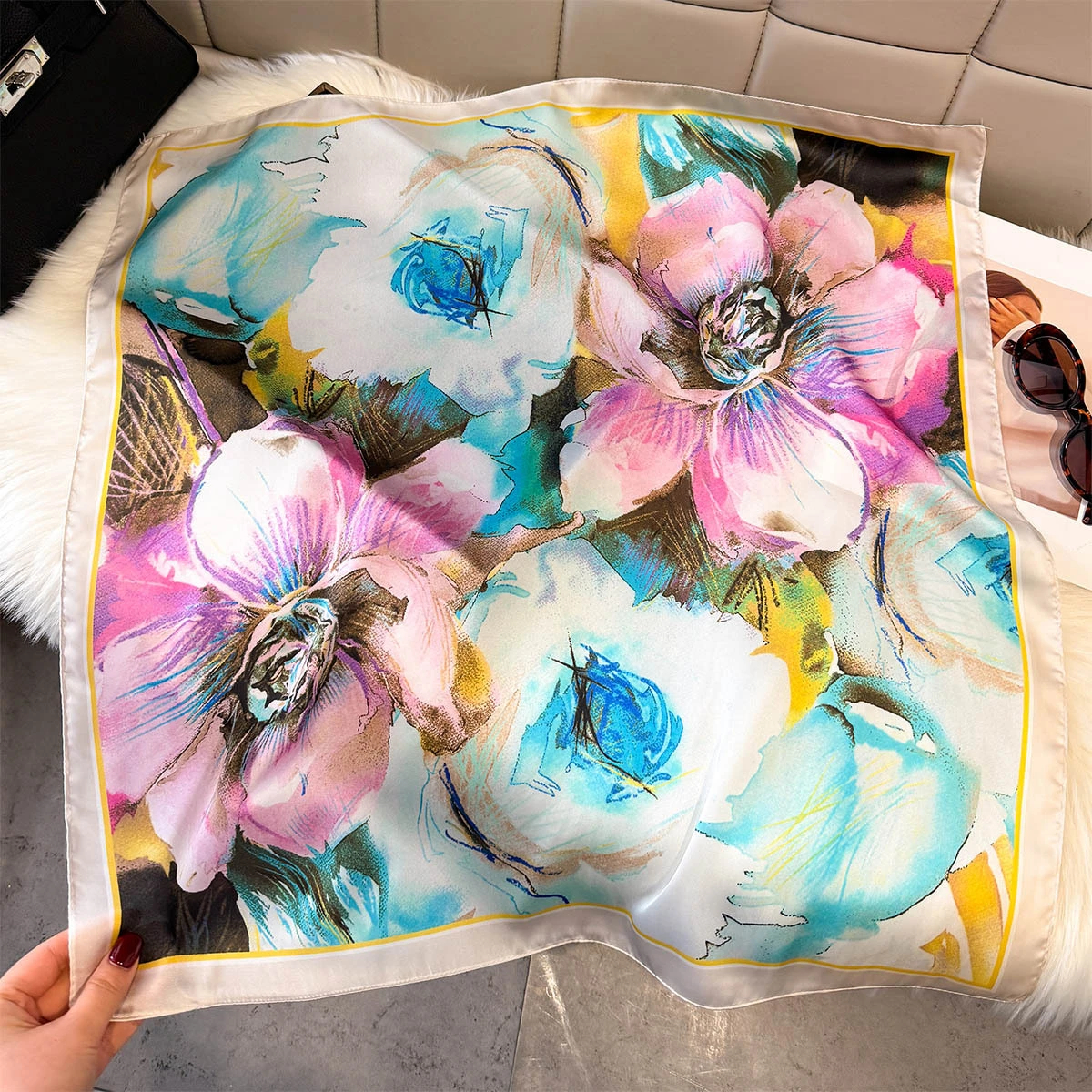 

2026 New Floral Print Scarf Imitation Silk Scarf for Women Square Hairbands Foulard Female Bandana Neck Kerchief Headbands