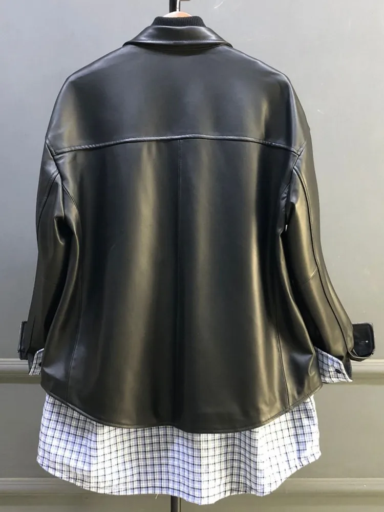 Leisure Style Patchwork Color Lapel Single-Breasted Genuine Leather Jacket Loose Sheepskin Pocket Long Sleeves Ladies Outerwear
