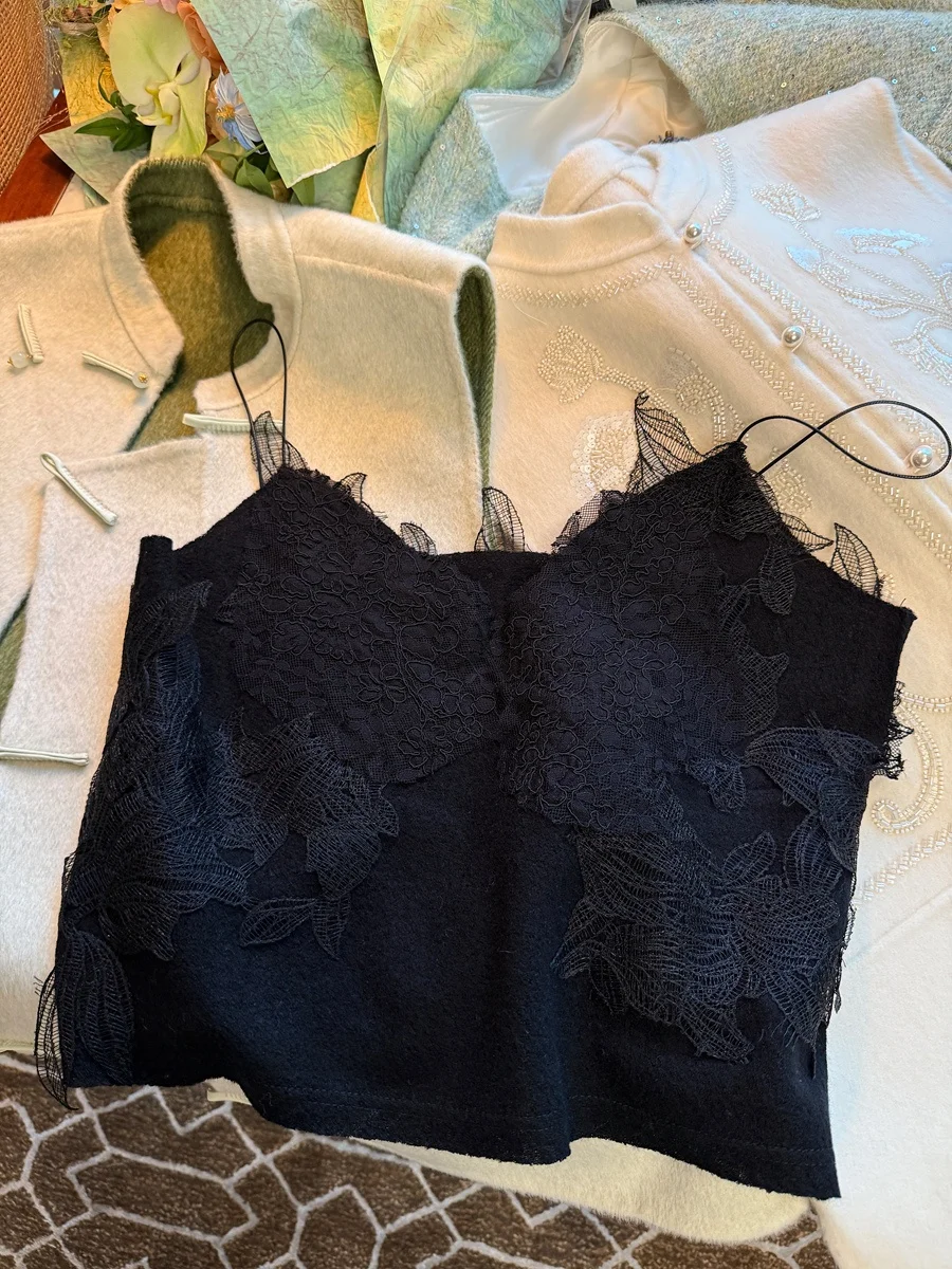 

Осенне-зимний жилет с кружевной отделкой, дизайнерская модель, базовая модель во французском стиле, укороченная, с цветочным узором