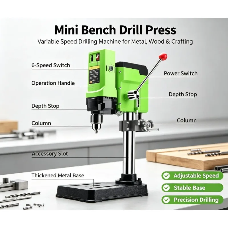 220V Mini Speed‑Control Bench Drill Press, Household Micro Drilling Milling Machine for Bead Making DIY Woodworking Craft Tool
