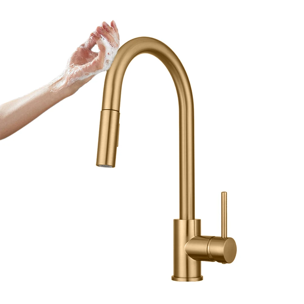 

Smart automatic 304 stainless steel touch Pull Down brushed gold kitchen faucet with sensor