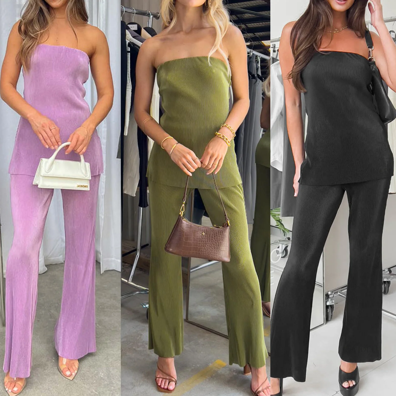 

Women Bra Top Long Pants Wide Leg Ladies Strapless Top Pant Solid 2 Piece Pant Suit Slim Fit Spicy Girl Pant Set Pantalones 2023