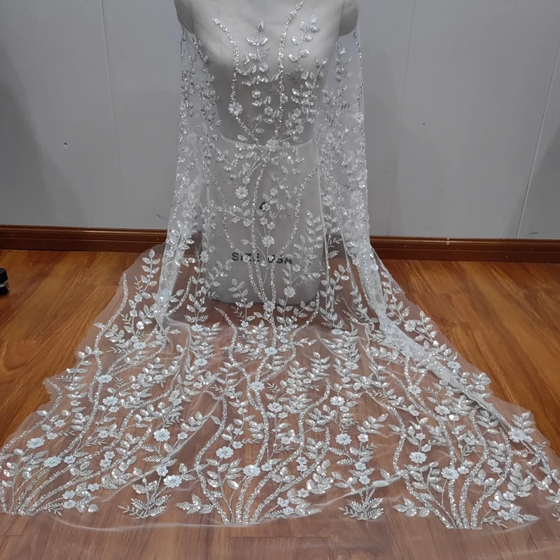 Ivory Silver Sequin Glitter Mesh Sparkle Fabric Base Cloth Wedding Dresses Embroidered Full Bead Plant Lace Material