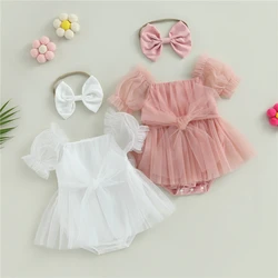 Newborn Infant Baby Girls Romper Dress Short Sleeve Bow Tulle Jumpsuits Summer Bodysuits with Headband Toddler Clothing