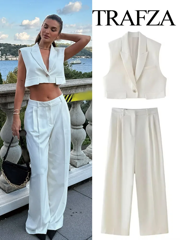 TRAFZA 2024 Summer Women Fashion Trousers Suits New Solid Short Vest Top + Vintage Streetwear Female Wide Leg Long Pant Trendy