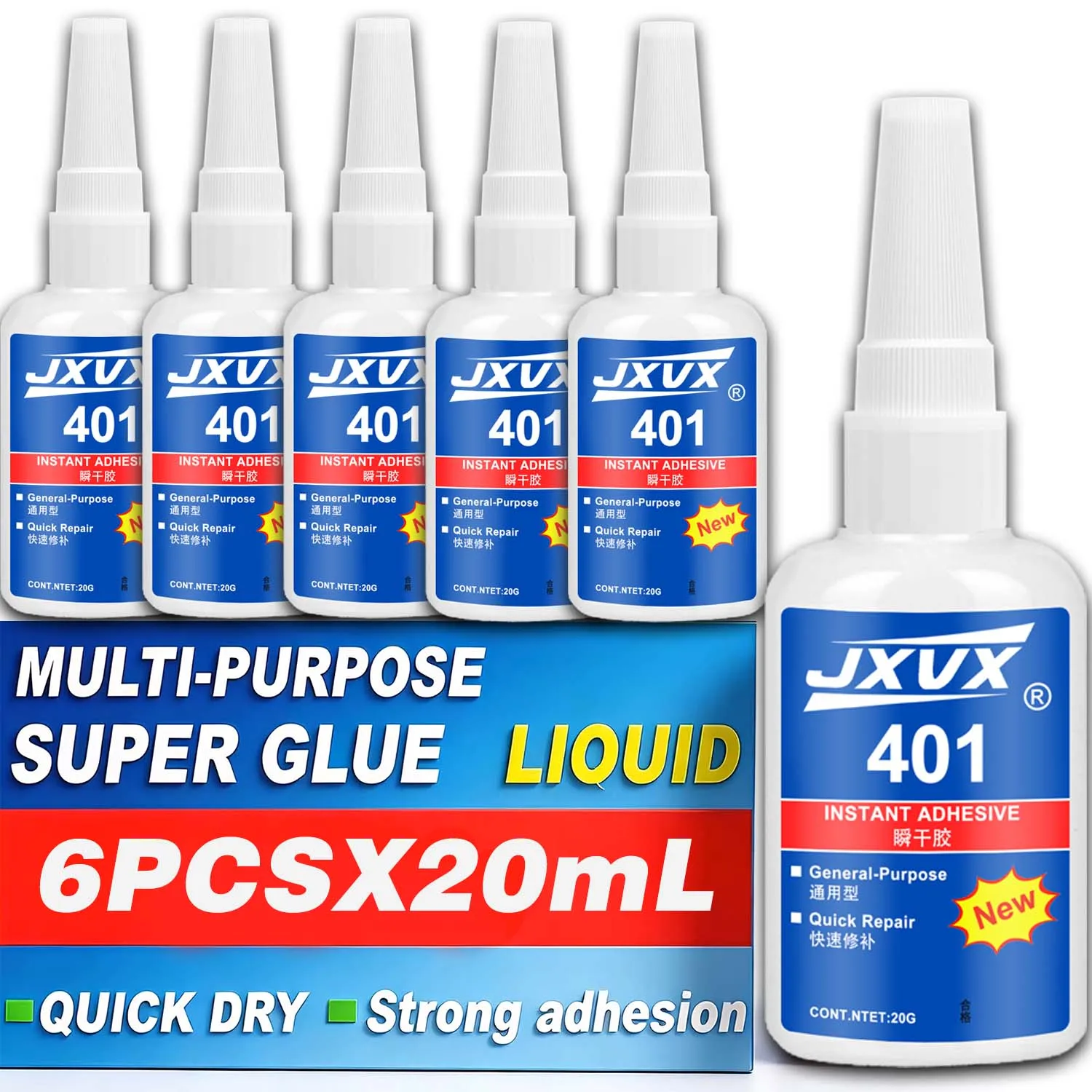 

6PCS 20mL 401 Multi-Purpose Super Glue Instant Fast Drying Cyanoacrylate Waterproof Adhesive Low odor For Glass Wood Diy Bond .