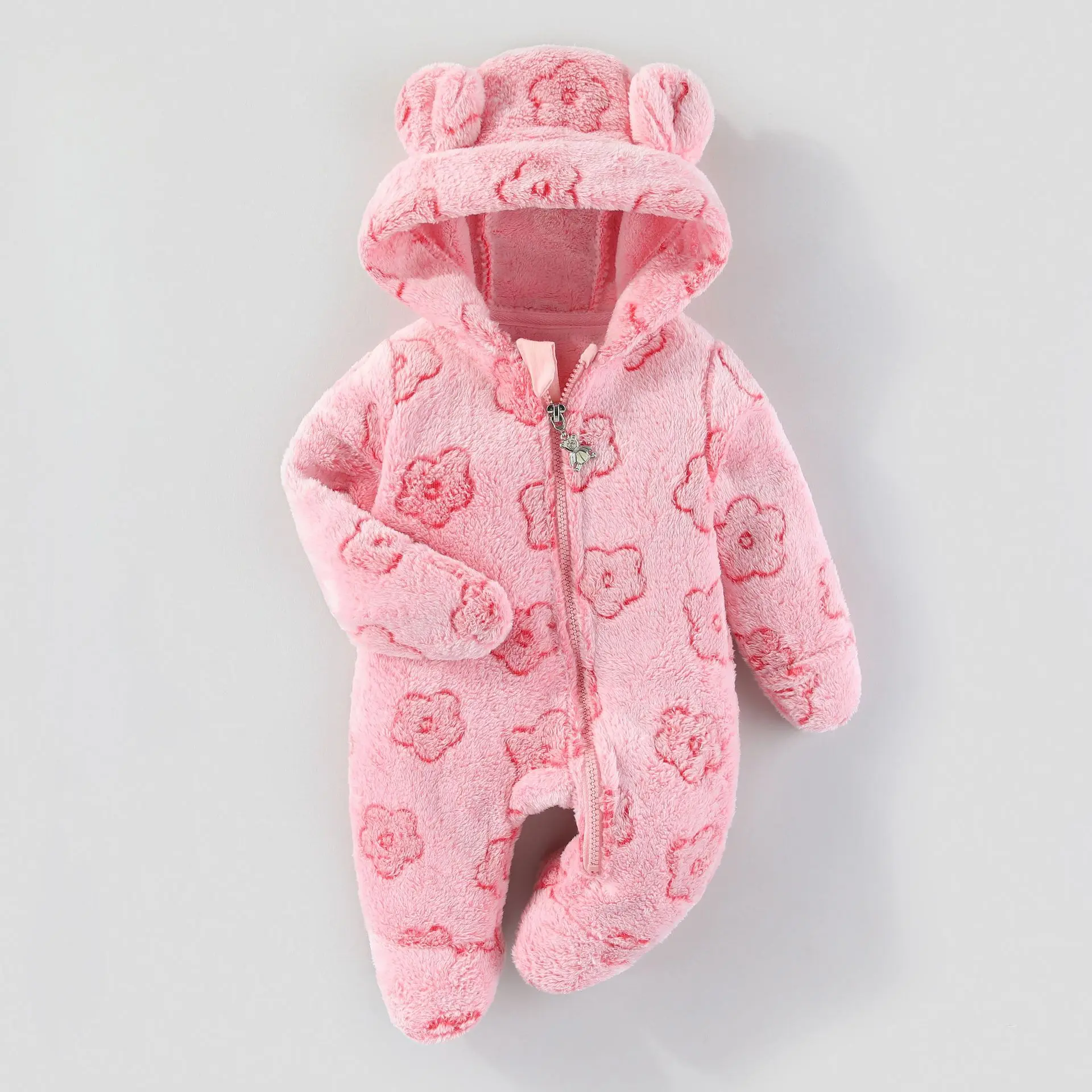 Infant Bear Ear Onesie Baby Flower Print Warm Fleece Rompers Soft Sleepwear For Newborn Daily Cute Hooded Jumpsuit Homewear