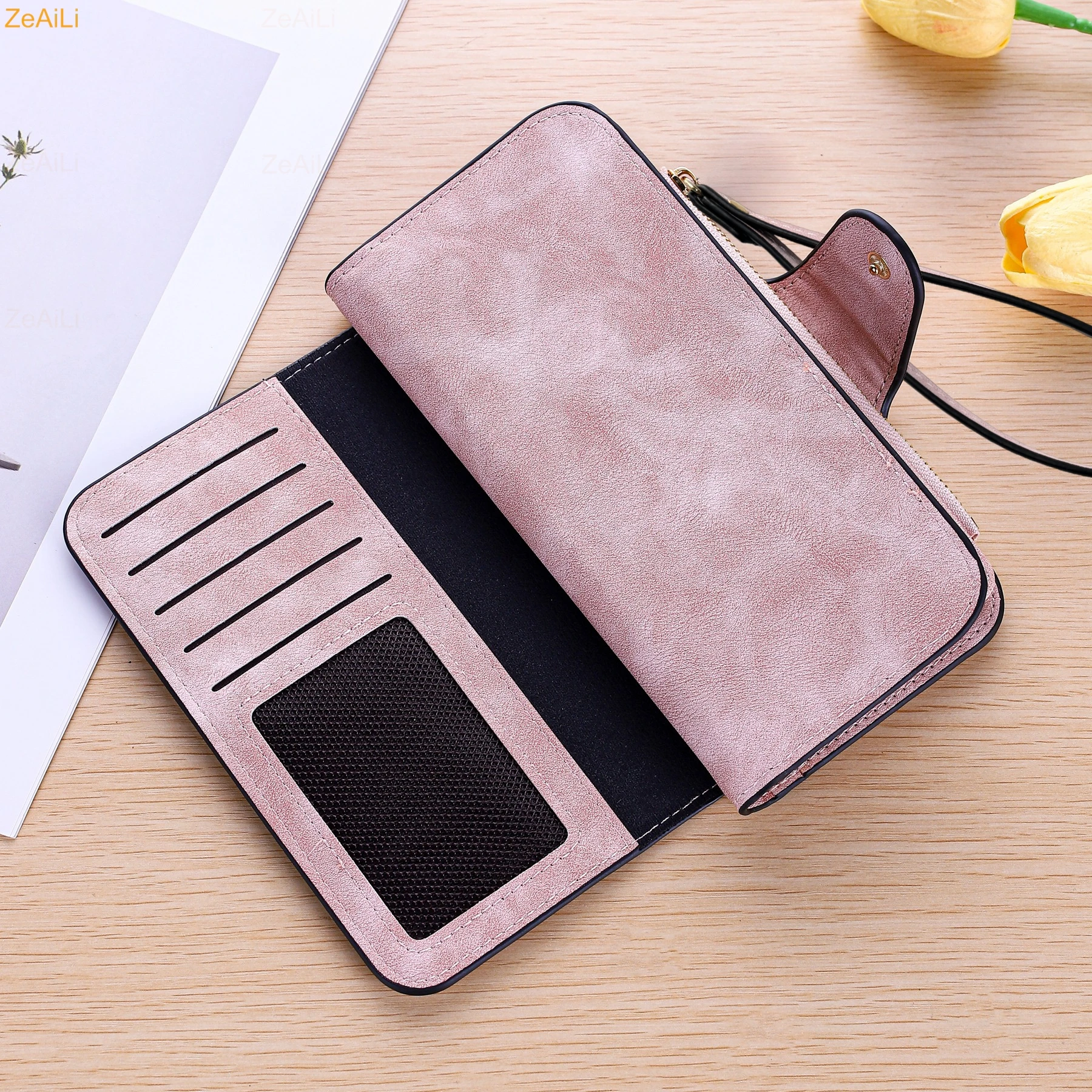 Sunflower Butterfly Pastoral Wind Damen-Geldbörsen aus Leder für Damen, langer Reißverschluss, große Damen-Clutch-Tasche, Damen-Geldbörse, Kartenhalter – Detail 3