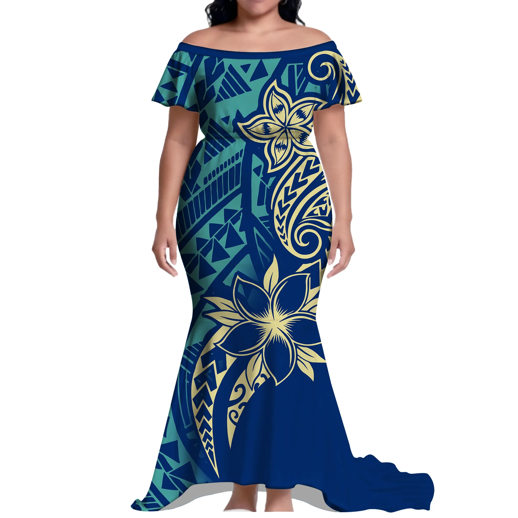 Hawaiian Lady'S Off-The-Shoulder Custom Patterned Dress Polynesian Casual Waist-Cinched Floor-Length Evening Dress