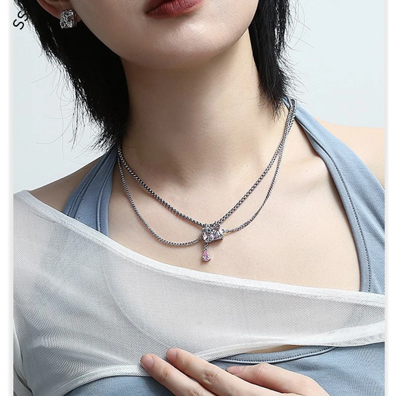 Pink Square Diamond Double Layer Necklace for Women College Style Pendant Choker Luxurious Minimalist Korean Aesthetic Jewelry