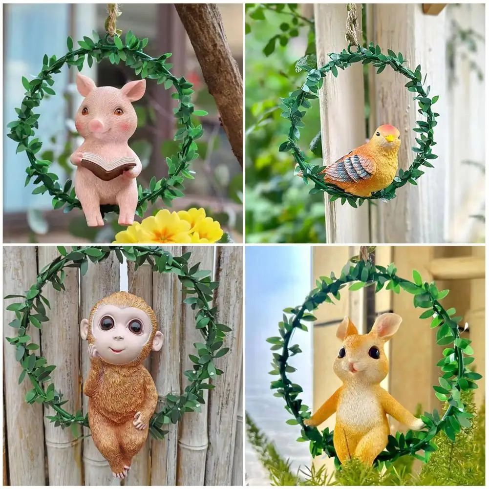 Wall Hanging Pendant Piggy Wall Hanging Pendant Whimsical Garden Wreath Pendant with Hanging Hoop Fake Leaves for Balcony