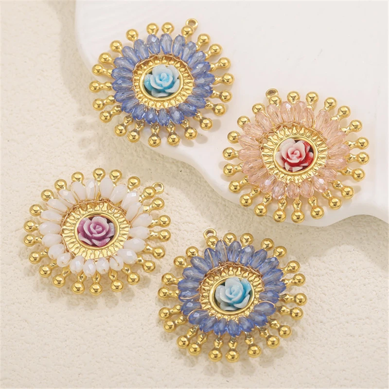 

10 Pcs New Fashion Stainless Steel Crystal Round Resin Flower Charms Connectors Diy Pendant Ornament Jewelry Making Accessories