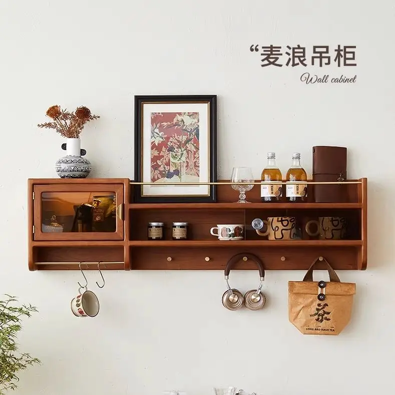 

Nordic Wall Mounted Solid Wood Display Kitchen Storage Rack with Integrated Cup Holder, Space Saving Wall Shelf Home Decor