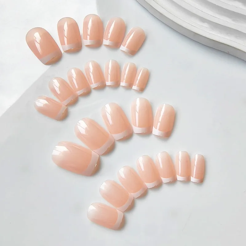 24Pcs Set Short Square False Nails for Woman Nude Color French Fake Nails Glossy Classic Press-On Nails Y2k Nail Art Wholesale