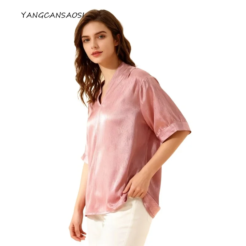 

Женская модная одежда, эластичная атласная футболка SangBo из натурального шелка шелковицы SangBo с v-образным вырезом и короткими рукавами, универсальная темпераментная футболка