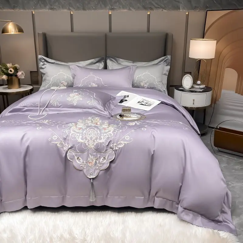 4Pcs Luxury Chinese Style Flowers Embroidery Bedding Set 1000TC Egyptian Cotton Quilt Cover Bed Sheets Fitted Sheet Pillowcases