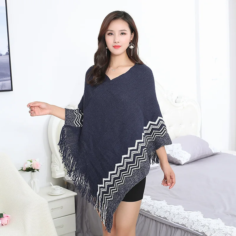 

2022 Spring Autumn New Fashion Large Tassel Irregular Shawl Coat Pullover Cloak Women Wear Lady Poncho Capes Navy