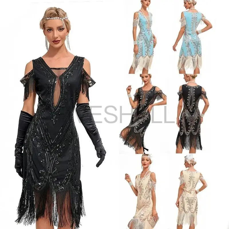 

Women's Flapper Dresses 1920s Sequins Art Deco Gatsby Cocktail Dress Sleeveness Sexy Deep V-neck Fringe Fancy Party Dress