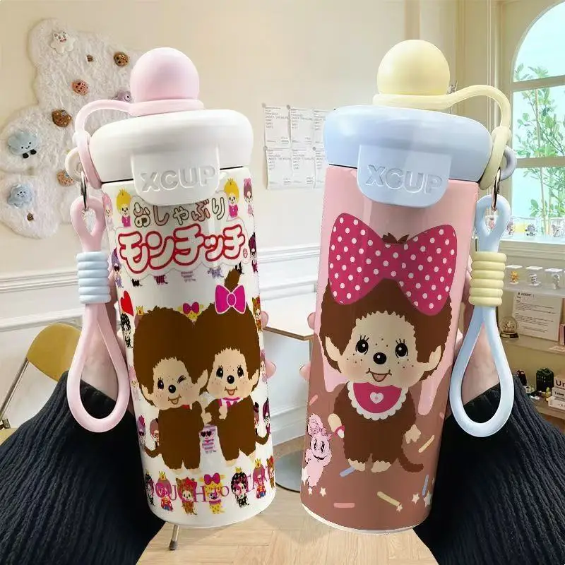 

600ml New Monqiqi Travel Mug Portable Strap-Handle Straw Cup Cute Cartoon Double-Layer Insulated Water Bottle