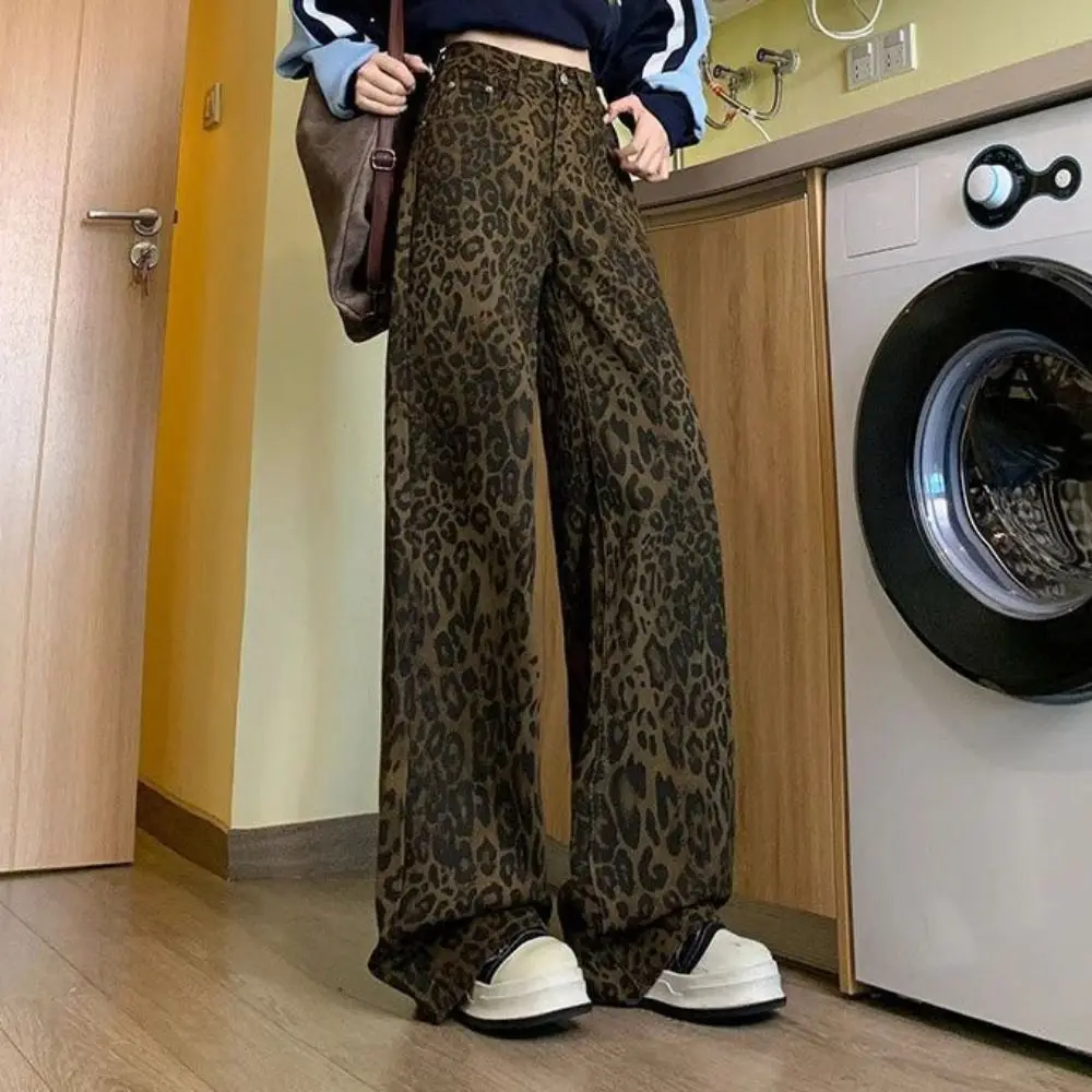 

Korean Baggy Leopard Print Jeans Straight Leg Retro Cowboy Pants Wide Leg Ins Style Jeans Women Y2k Party