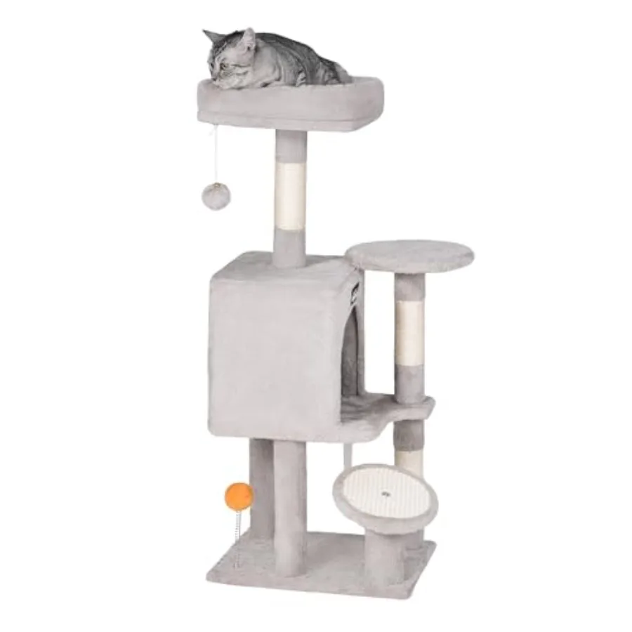 

Многоуровневый кошачий комплекс для домашних кошек, 39,4 дюйма, светло-серый, с когтеточкой и домиком для котят