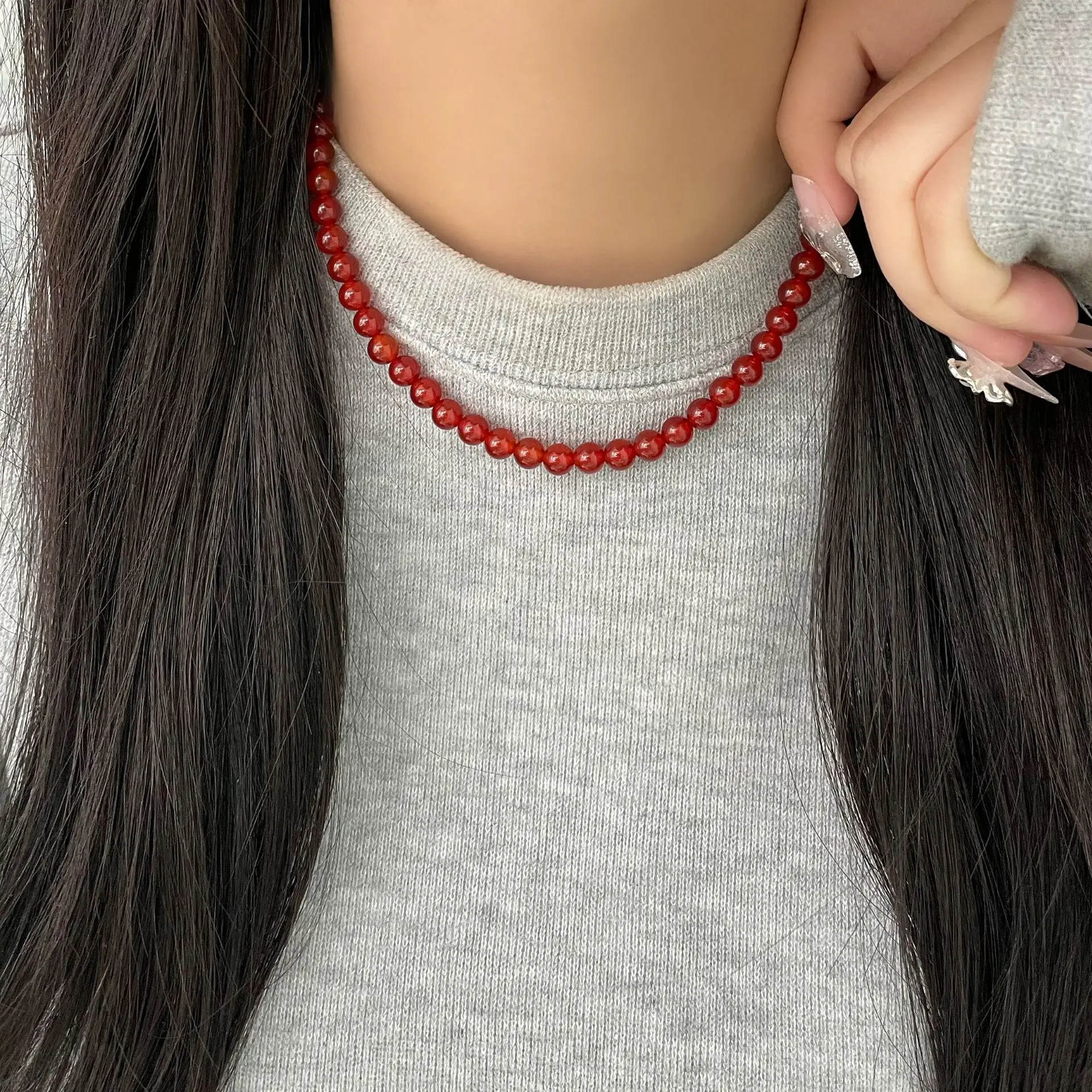 

S925 sterling silver red agate handmade beaded necklace for women, niche versatile elegant high-end fashion jewelry
