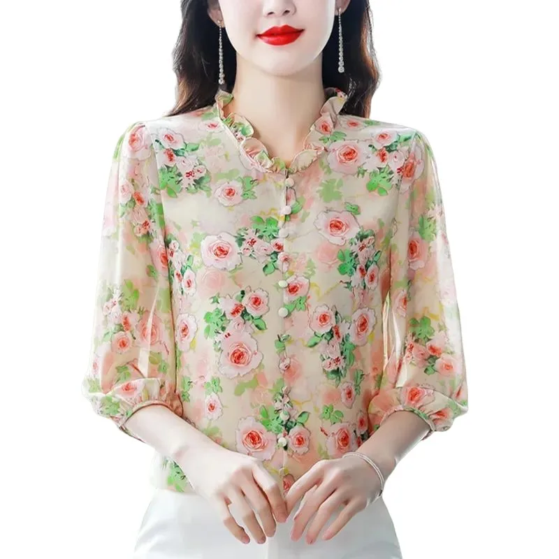 

3XL 2023 New Loose Thin Women Summer Spring Blouses Lady Fashion Casual V-Neck Shirts Half Sleeve Buttons Clothing Tops WY0941