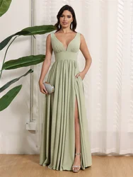 Abiti da damigella d'onore con scollo a v in Chiffon con spalle scoperte per abiti da sera senza maniche con corsetto pieghettato da sposa abito lungo da ballo a-line