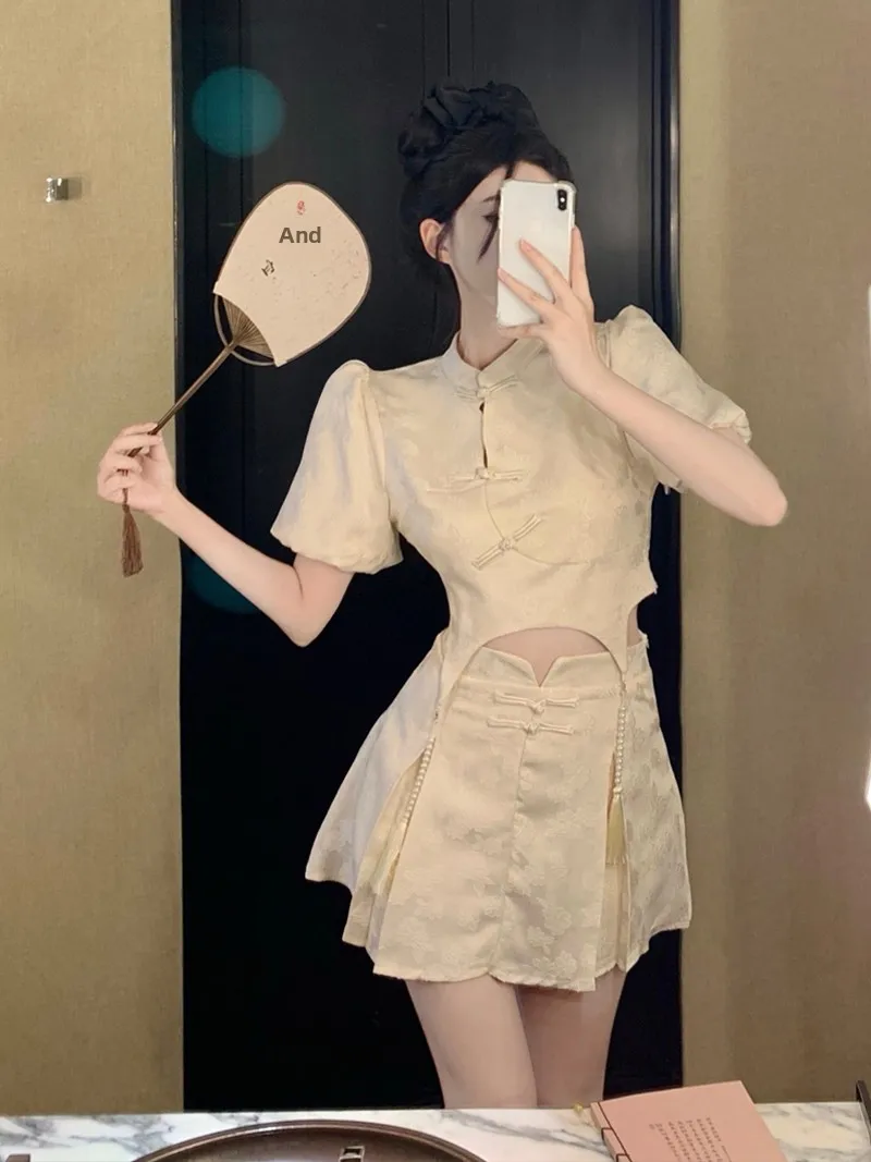 

Retro Chinese Style Bubble Sleeve Set Women's High Waist Short Skirt Two Piece Suit Summer New Arrival Fashionable