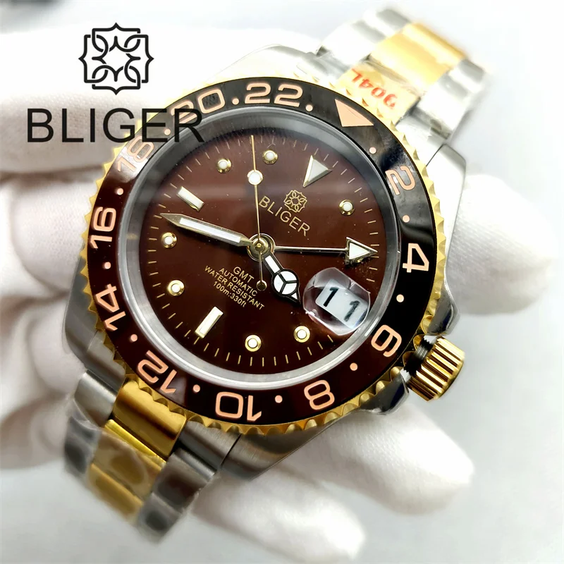 BLIGER 40mm Luxury NH34 GMT Watch For Men Two Tone Yellow Gold Bracelet Brown Dial Green Luminous Sapphire Glass Waterproof Date