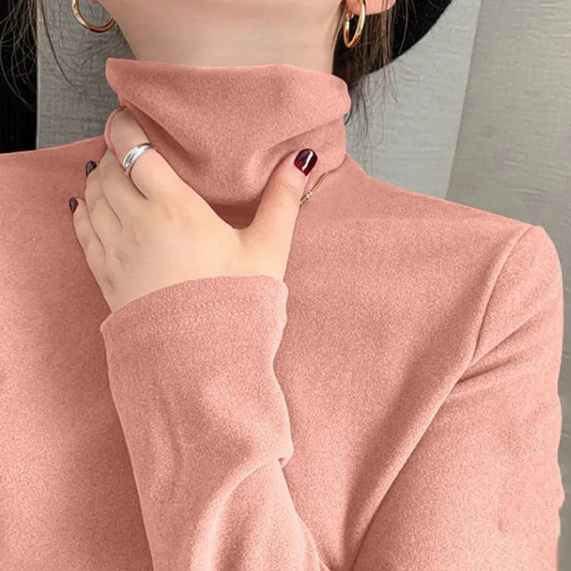 Double-sided Velvet Warm Top Women Half-high Collar Pure Color Base Shirt Autumn Winter Innerwear T-shirt Sleeve Women Clothing